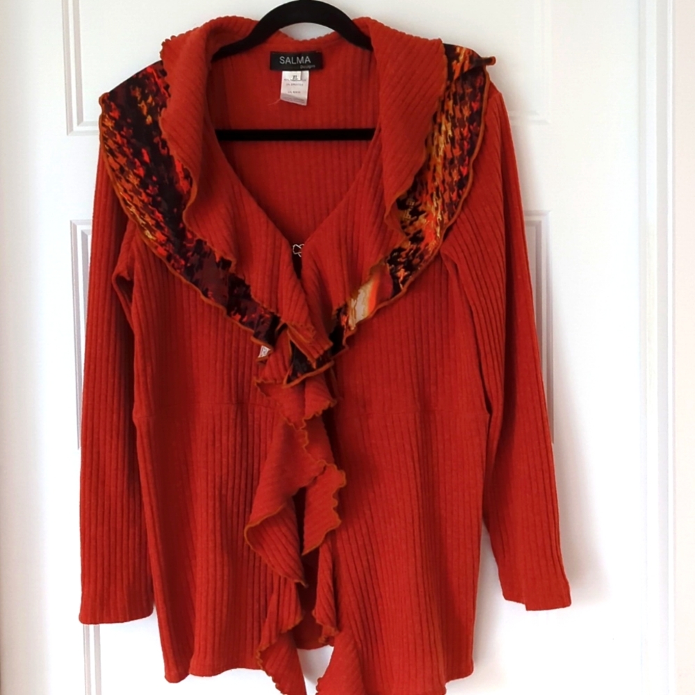 Ruffled cardigan dark orange Salma made in Canada size XL Lizzy McGuire style